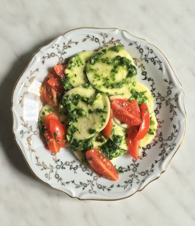 pesto corzetti pasta with cherry tomatoes