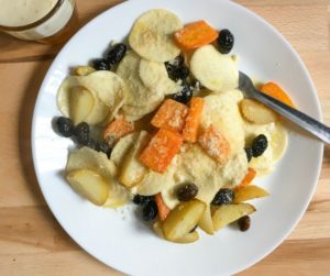 corzetti pasta with roasted root vegetables and olives