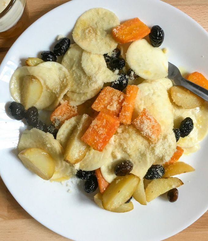 corzetti pasta with roasted root vegetables and olives