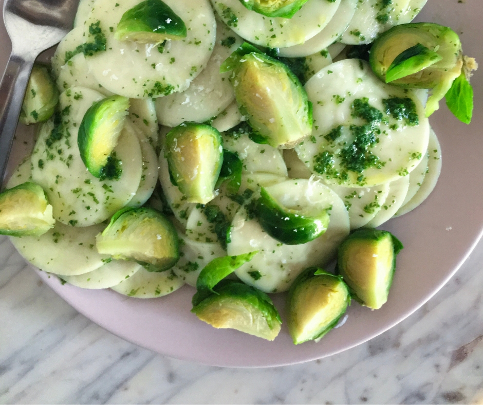 Corzetti pasta with Brussels sprouts and mint pesto