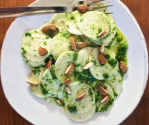 corzetti pasta with mint and almond pesto
