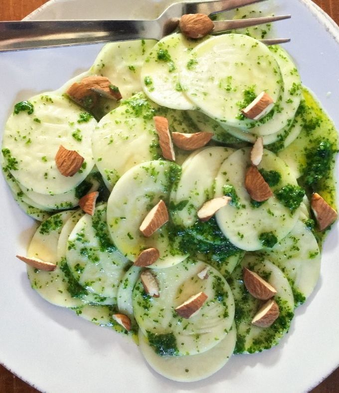 corzetti pasta with mint and almond pesto