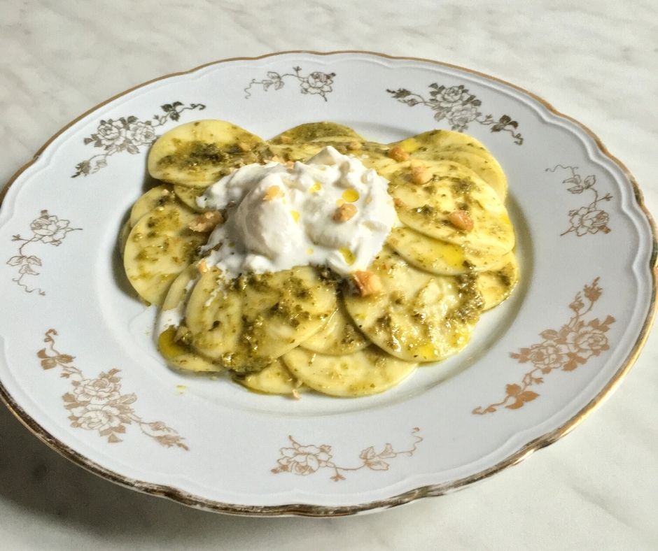 corzetti pasta with pistachio pesto